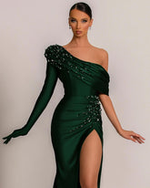 Emerald Green Evening Dress One Shoulder with Pearl Split BM bride
